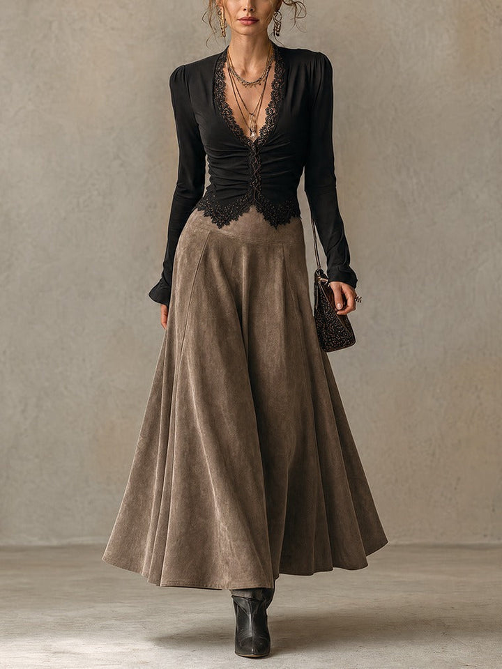 Albane | Lace Top and Suede Maxi Skirt Set, Black and Taupe