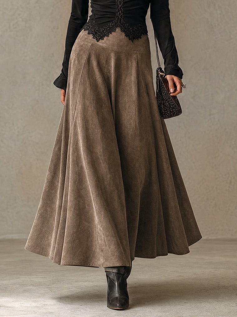 Albane | Lace Top and Suede Maxi Skirt Set, Black and Taupe