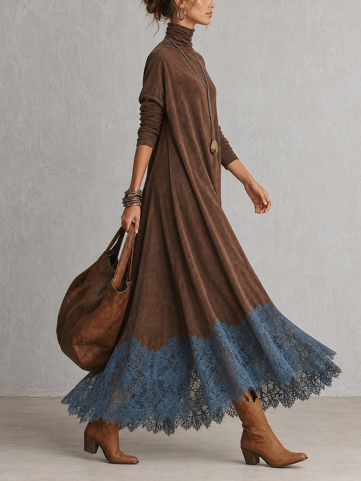 Paula | Long Suede-Effect Dress with Lace Hem