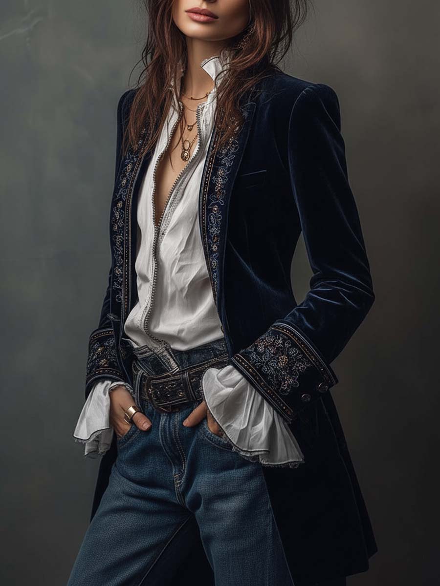Athénaïs | Long Embroidered Vintage Navy Coat