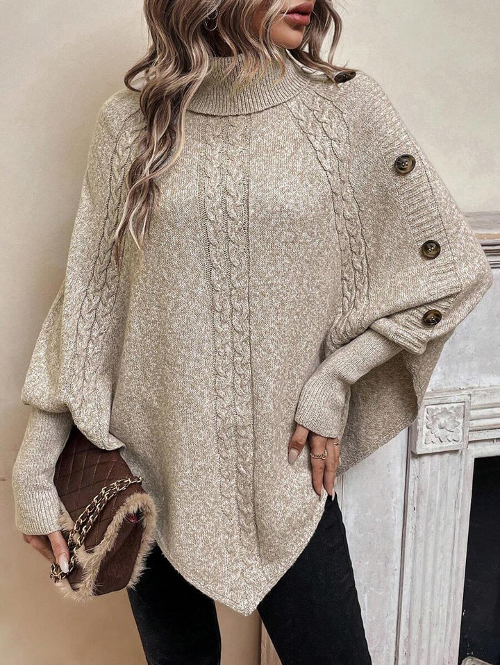 Alexis | High-Neck Batwing Poncho Jumper, Asymmetric Cable-Knit Pullover