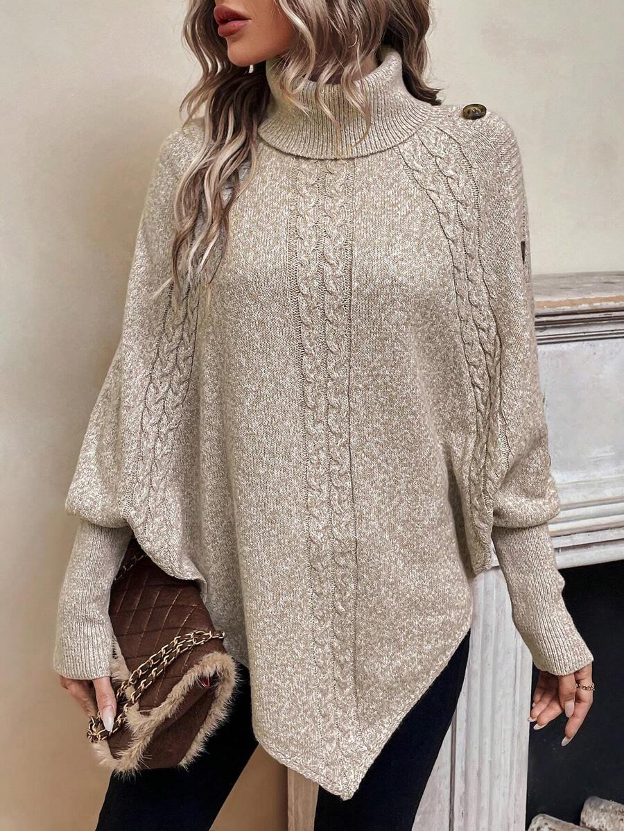 Alexis | High-Neck Batwing Poncho Jumper, Asymmetric Cable-Knit Pullover