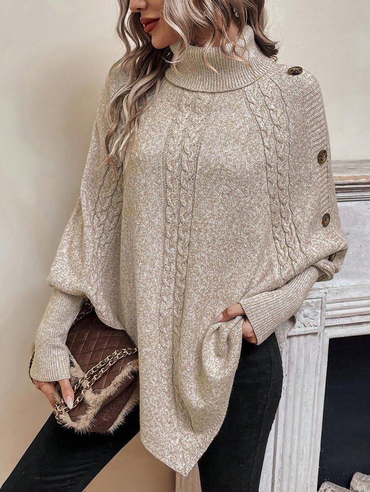 Alexis | High-Neck Batwing Poncho Jumper, Asymmetric Cable-Knit Pullover