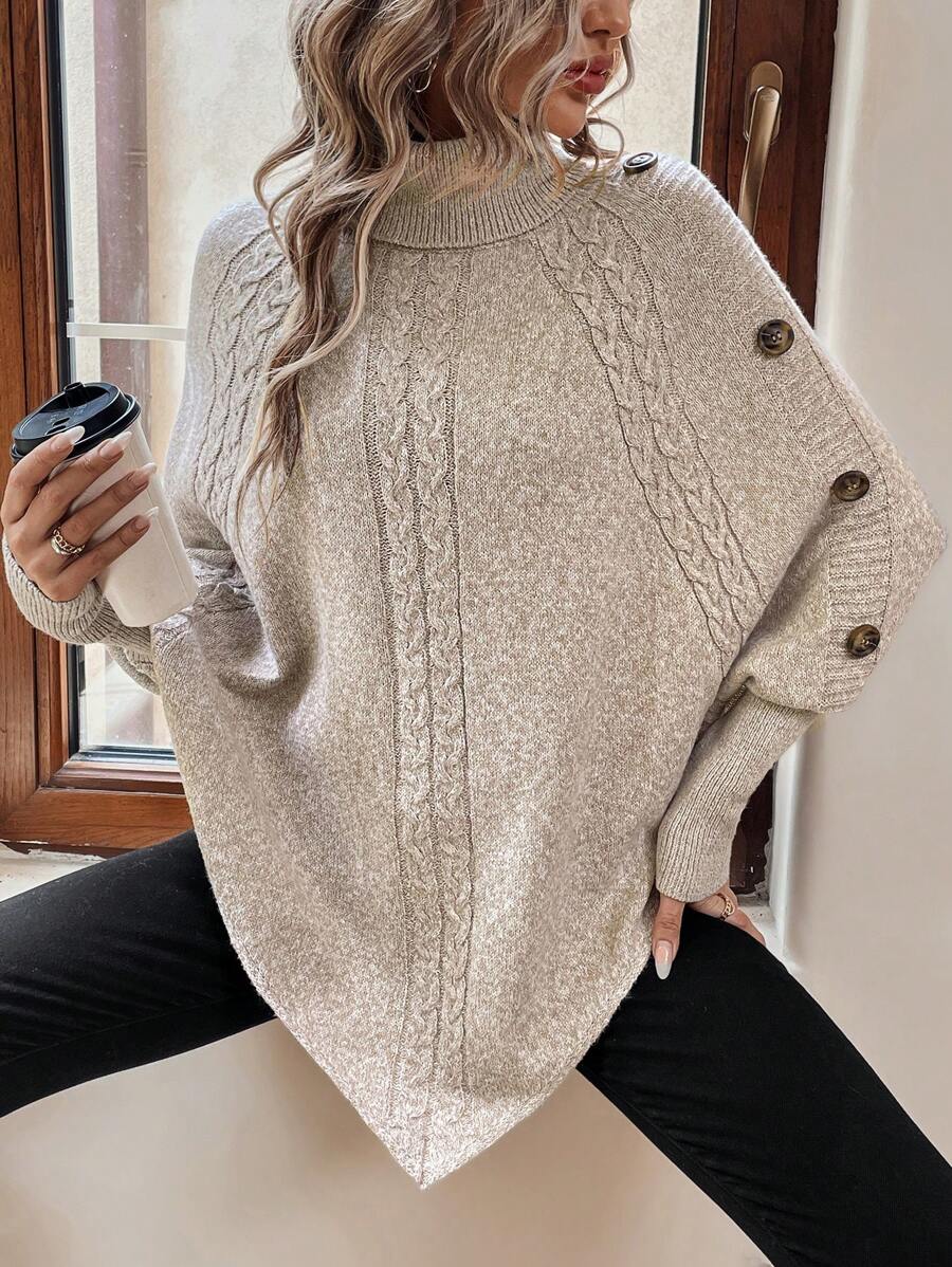 Alexis | High-Neck Batwing Poncho Jumper, Asymmetric Cable-Knit Pullover