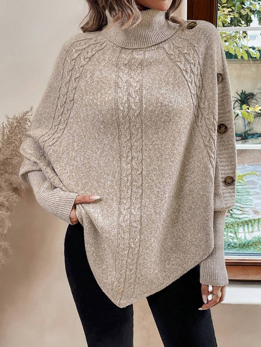 Alexis | High-Neck Batwing Poncho Jumper, Asymmetric Cable-Knit Pullover