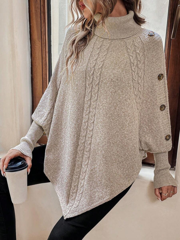 Alexis | High-Neck Batwing Poncho Jumper, Asymmetric Cable-Knit Pullover