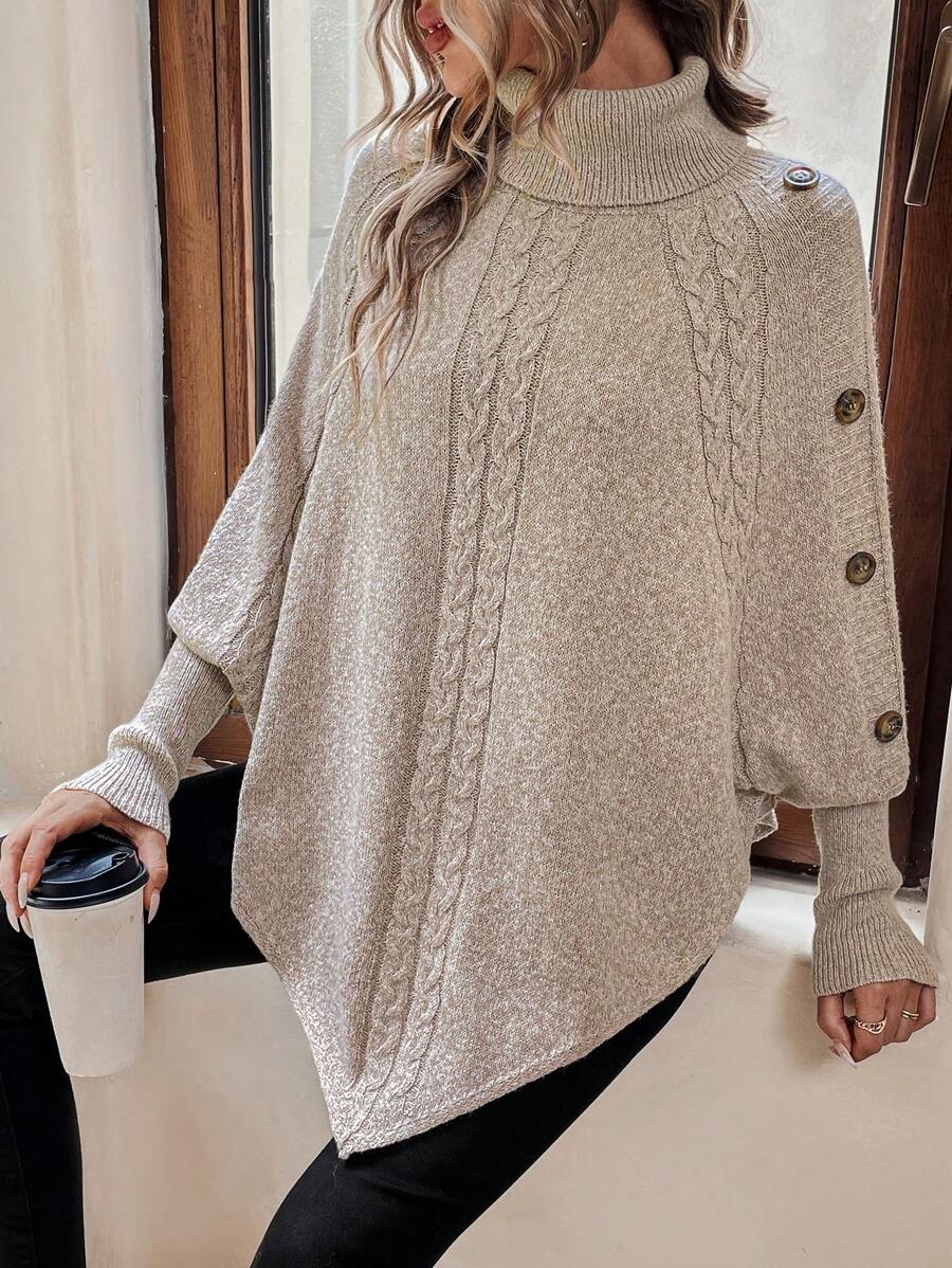 Alexis | High-Neck Batwing Poncho Jumper, Asymmetric Cable-Knit Pullover