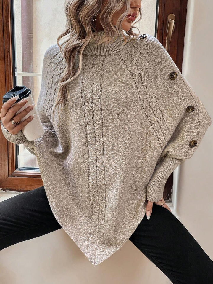 Alexis | High-Neck Batwing Poncho Jumper, Asymmetric Cable-Knit Pullover