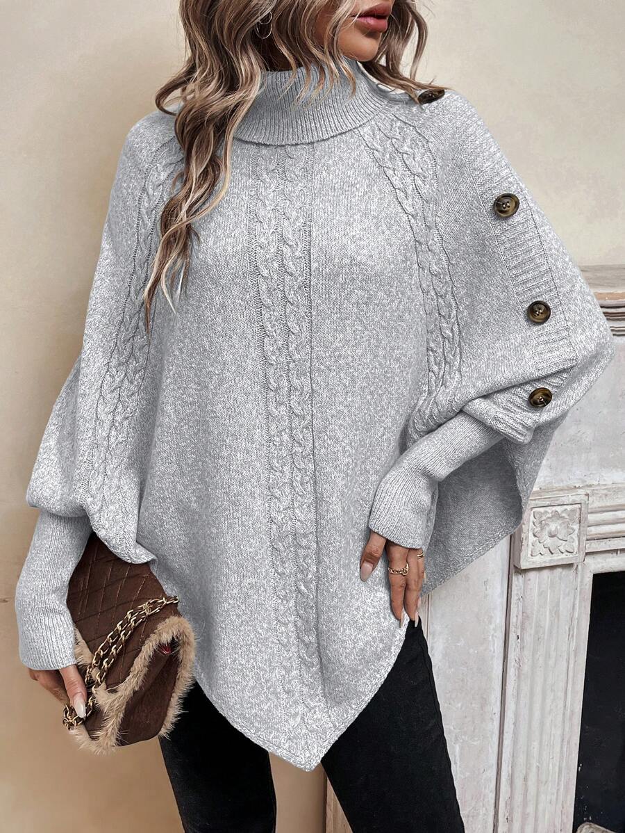 Alexis | High-Neck Batwing Poncho Jumper, Asymmetric Cable-Knit Pullover