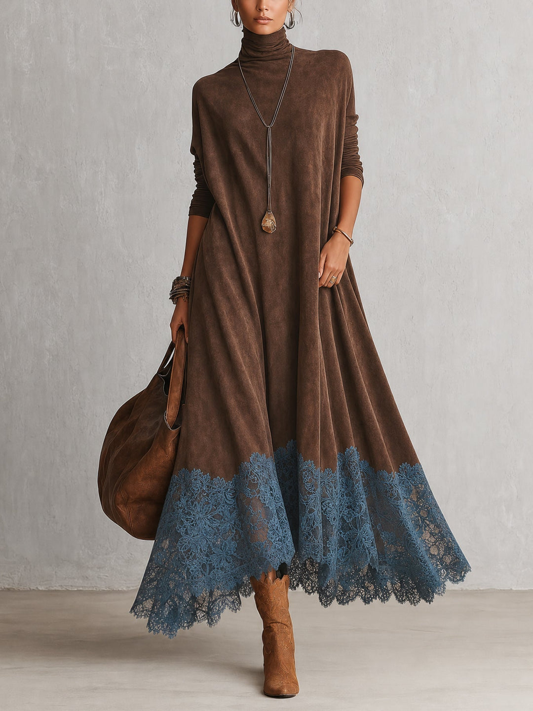 Paula | Long Suede-Effect Dress with Lace Hem
