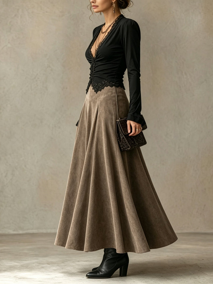 Albane | Lace Top and Suede Maxi Skirt Set, Black and Taupe