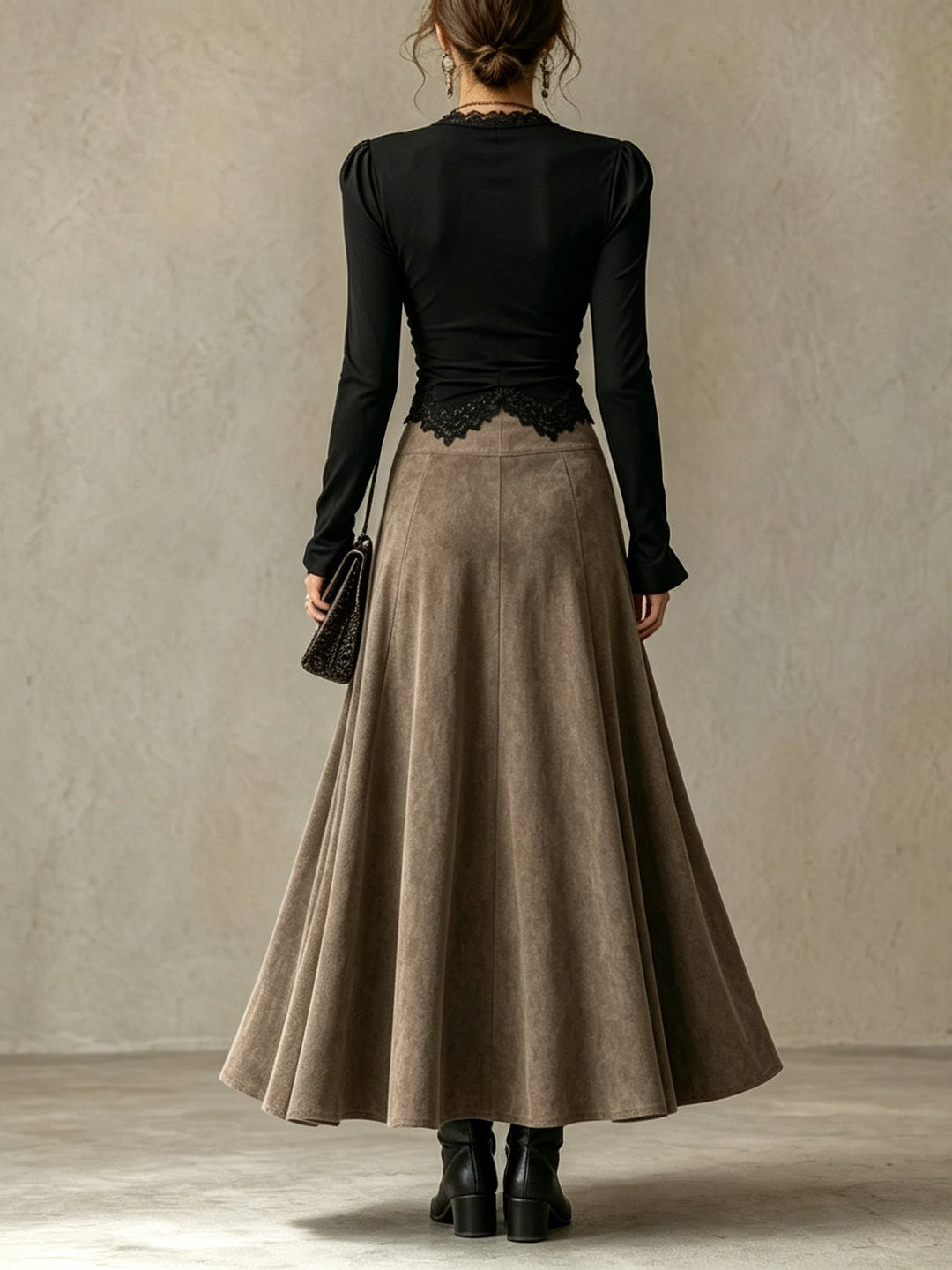 Albane | Lace Top and Suede Maxi Skirt Set, Black and Taupe