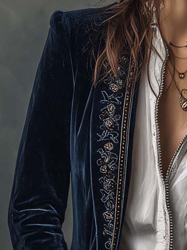 Athénaïs | Long Embroidered Vintage Navy Coat