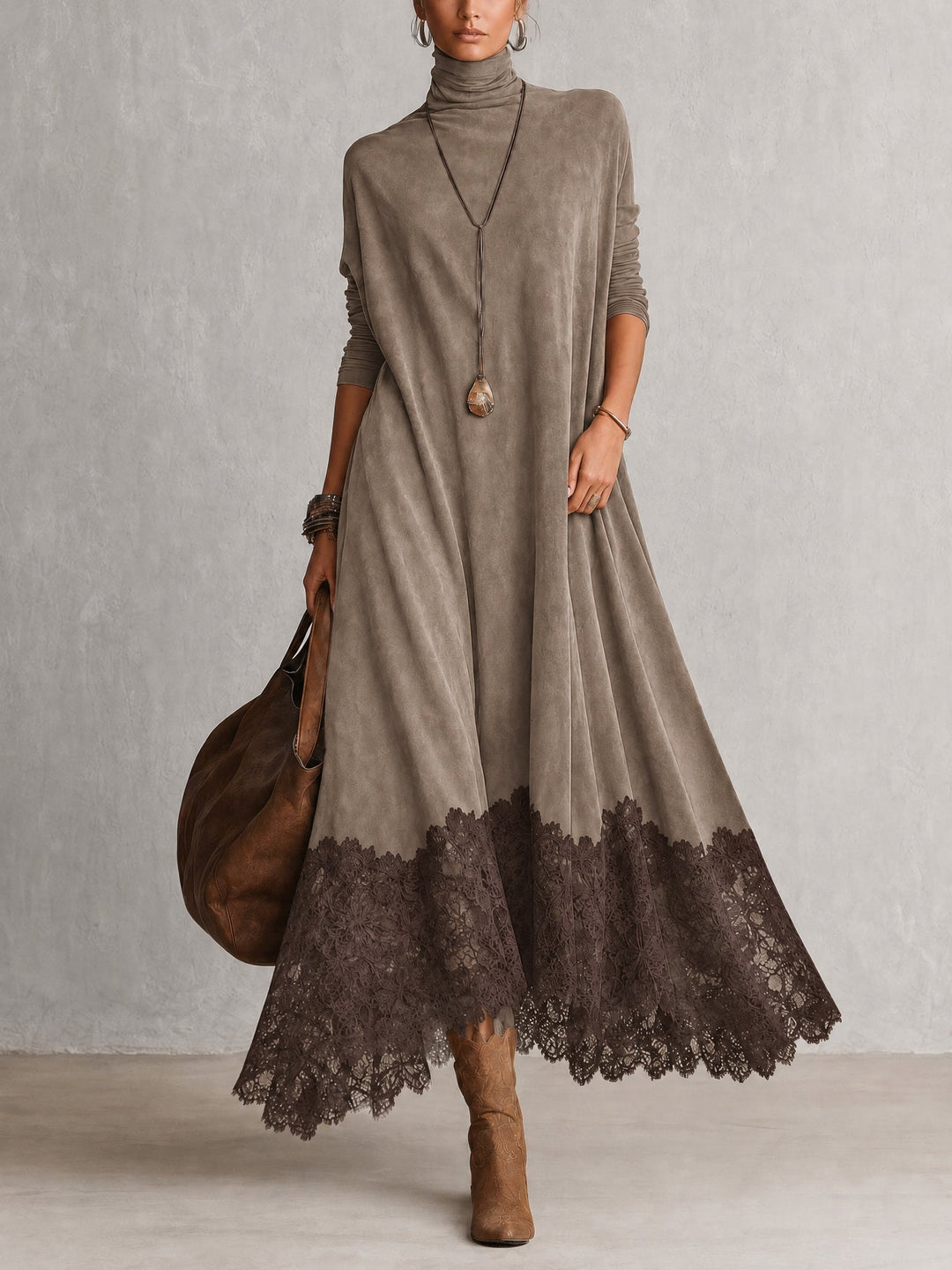 Pien | Long Suede-Effect Dress with Lace Hem