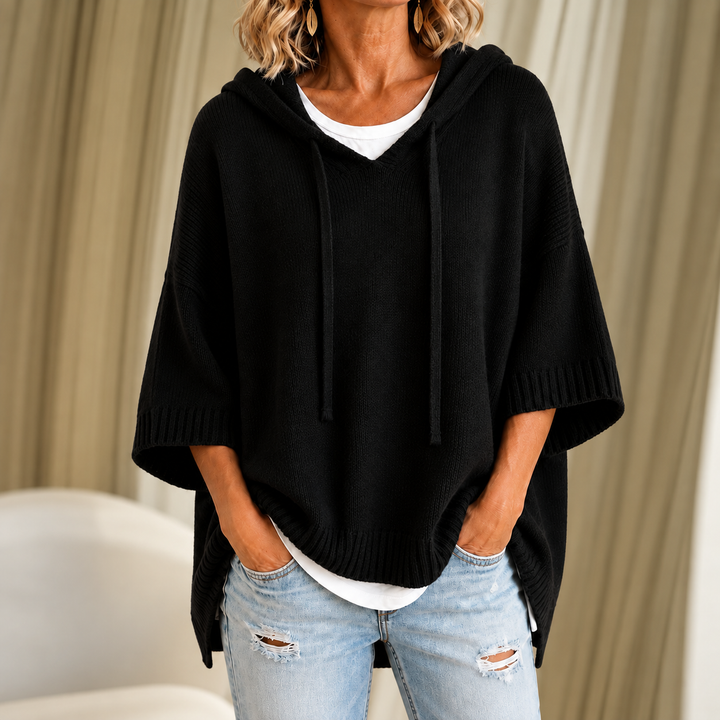 Oriana | Hooded Knitted Poncho with Three-Quarter Sleeves