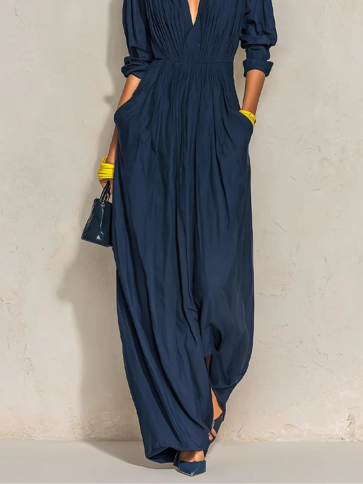 Azurine | Long Navy Pleated V-Neck Dress