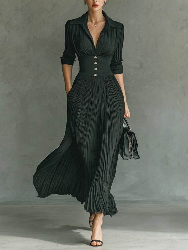 Elvire | Long Pleated Dress with Lapels and High Waist