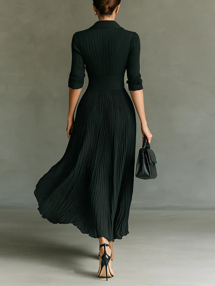Elvire | Long Pleated Dress with Lapels and High Waist