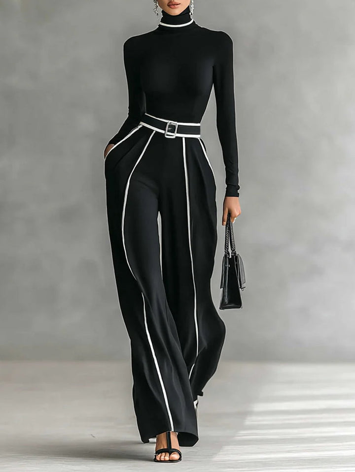 Adèle | High-Neck Set with White Piping and Wide-Leg Trousers