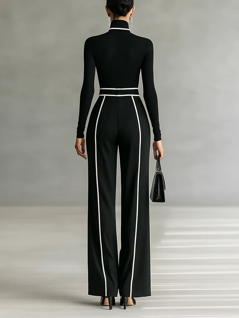 Adèle | High-Neck Set with White Piping and Wide-Leg Trousers