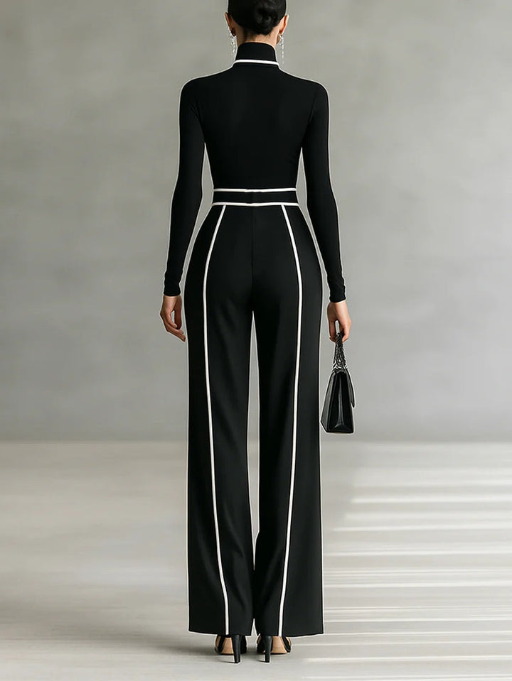 Adèle | High-Neck Set with White Piping and Wide-Leg Trousers
