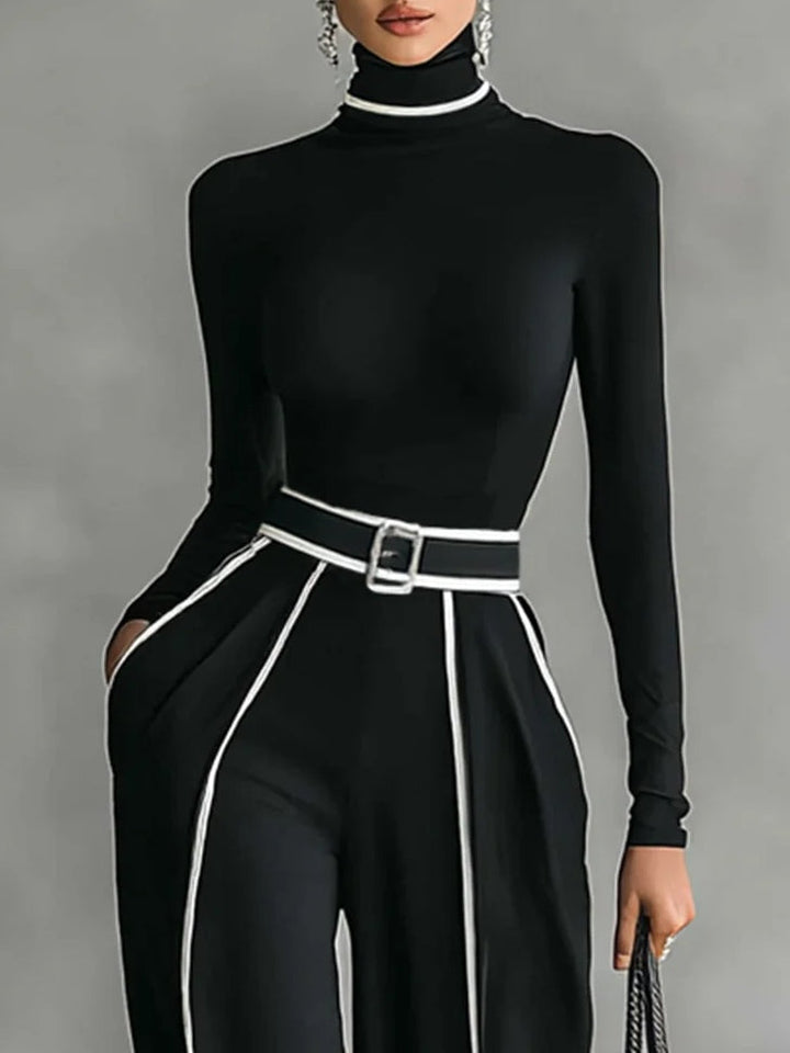 Adèle | High-Neck Set with White Piping and Wide-Leg Trousers