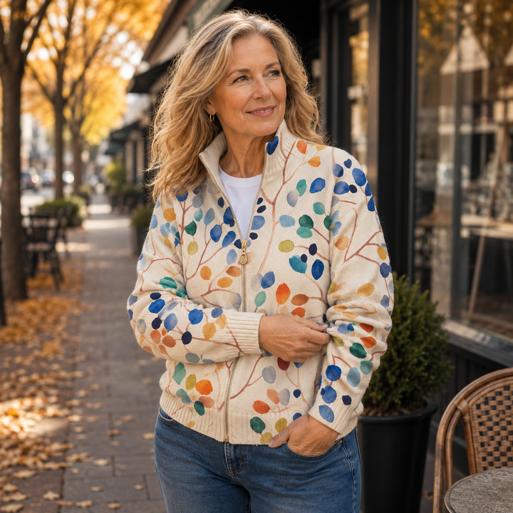 Roosmarijn | Botanical Leaf Print Zip Cardigan