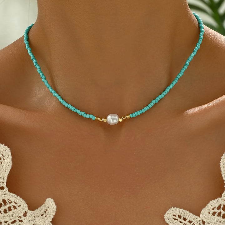 Minimalist Turquoise and Pearl Necklace