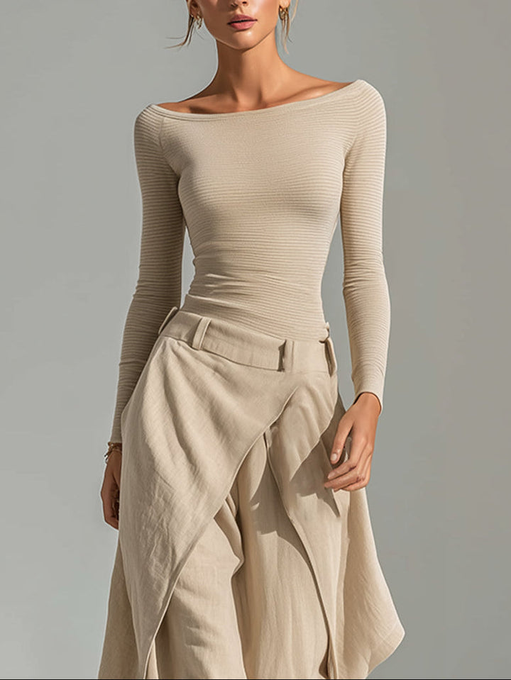 Delphine | Beige Boat-Neck Top and Ruffled Wide-Leg Trouser Set