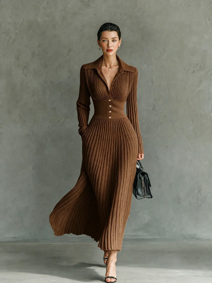 Elvire | Long Pleated Dress with Lapels and High Waist