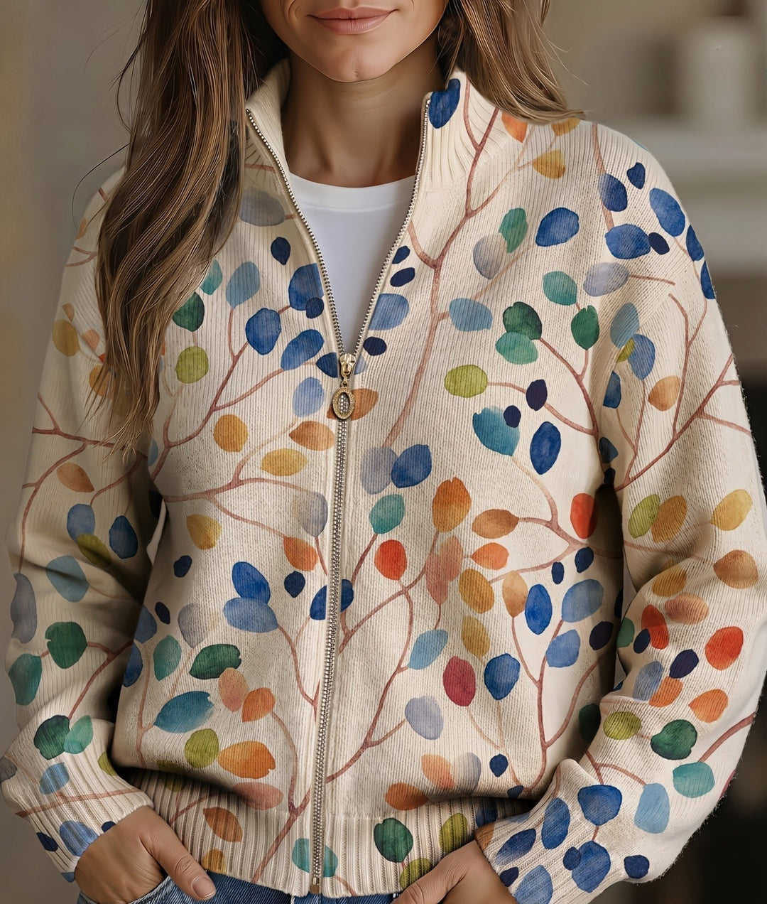 Roosmarijn | Botanical Leaf Print Zip Cardigan